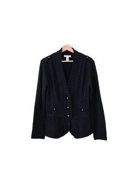 WHBM White House Black Market Peplum  Sweater L Black Wool Blend Silver Buttons